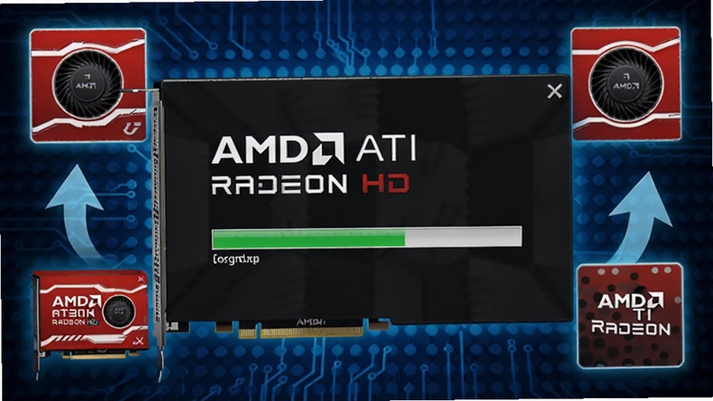 AMD ATI Radeon HD系列显卡驱动安装界面特写,屏幕显示驱动正在安装的进度条,周围环绕显卡硬件图标和性能提升箭头,背景为深蓝色科技纹理,画面细节丰富,适合Boogu模型生成