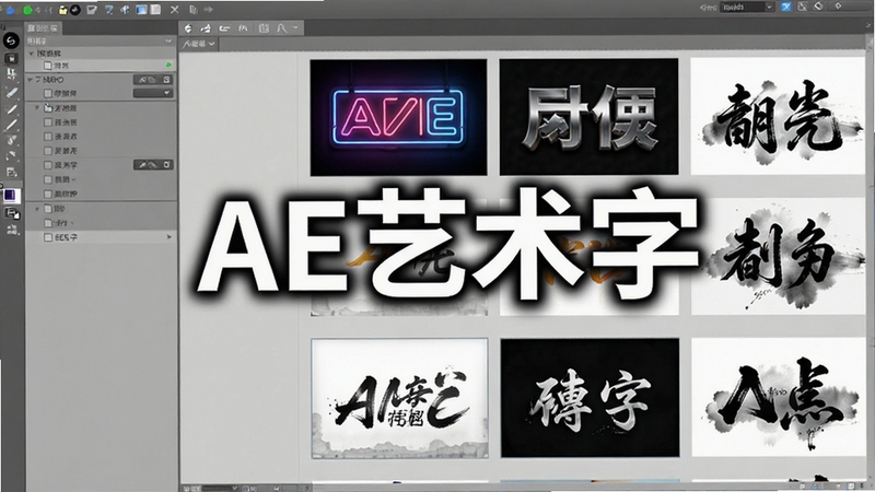 AE艺术字模板库界面,画面左侧为分类目录,右侧网格展示多个动态艺术字预览缩略图,包含霓虹灯字、金属字、水墨字等,主视觉突出“AE艺术字”字样,背景为浅灰色工作区,细节清晰