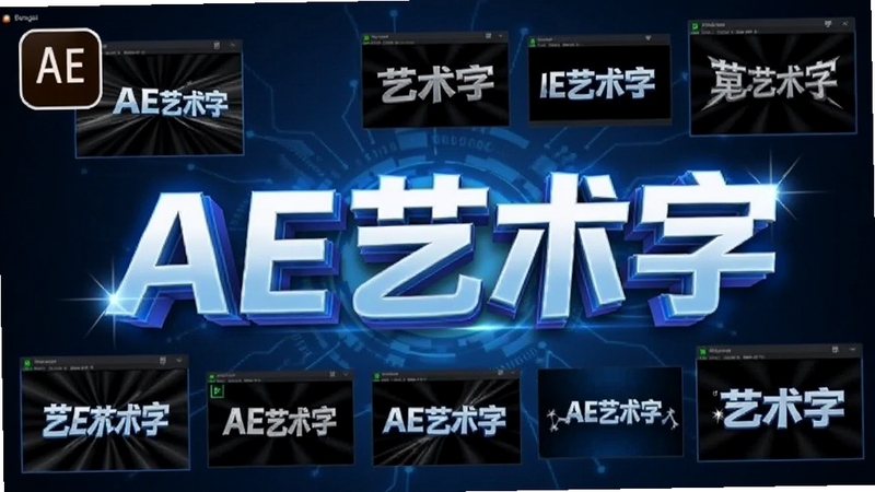 AE艺术字软件主界面展示,画面中央是发光的立体艺术字“AE艺术字”,周围环绕多种文字特效预览小窗,背景为深蓝色渐变科技风格,左上角有软件图标,整体构图清晰,适配Boogu模型生成