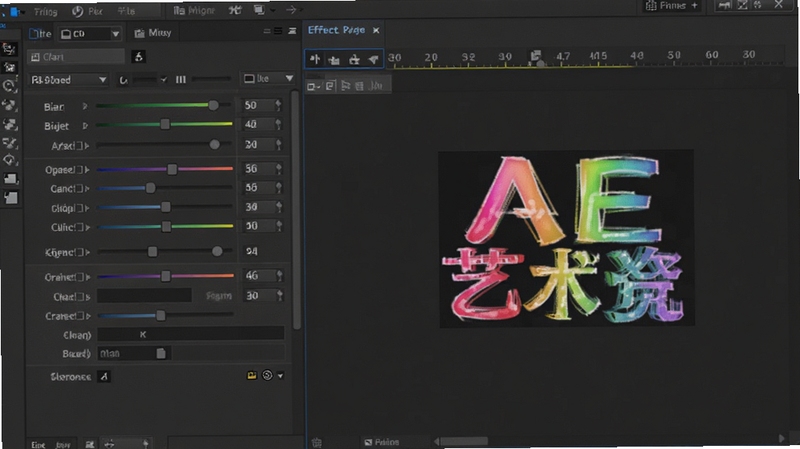 AE艺术字文字效果参数面板截图,画面展示AE软件界面中效果控件区域,包含描边、发光、渐变等参数滑块,文字图层在合成窗口中显示为彩色艺术字,背景为深色界面,细节清晰
