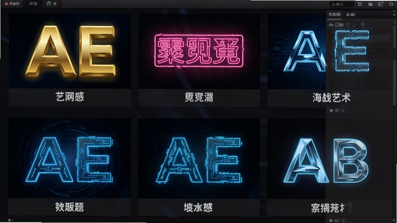 AE艺术字字体样式面板展示,画面中排列多种字体效果示例,如金色立体字、粉色霓虹字、蓝色科技字,每个示例下方标注字体名称,整体排版整齐,背景为深色以突出文字发光感