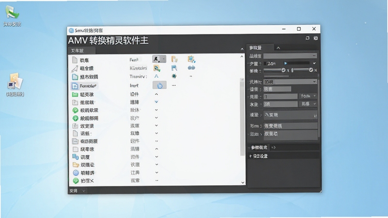 AMV转换精灵软件主界面全貌展示,画面中央是软件窗口,窗口左侧为文件列表区,右侧为参数设置面板,背景为淡蓝色渐变桌面环境,整体风格简洁明亮,突出软件名称与功能布局