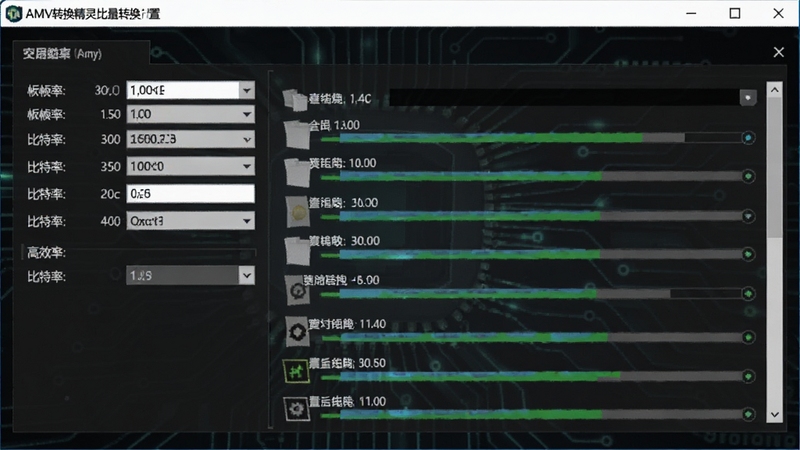 AMV转换精灵批量转换设置界面,画面展示软件参数面板中分辨率、帧率、比特率等选项,多个文件进度条同时进行,背景为深色科技感界面,突出高效批量处理能力