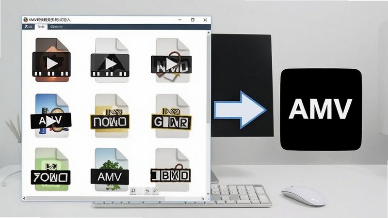 AMV转换精灵多格式导入功能展示,画面中多个不同格式的视频文件图标排列在软件窗口左侧,箭头指向右侧统一的AMV输出图标,背景为浅灰色办公桌面,画面清晰体现格式兼容性