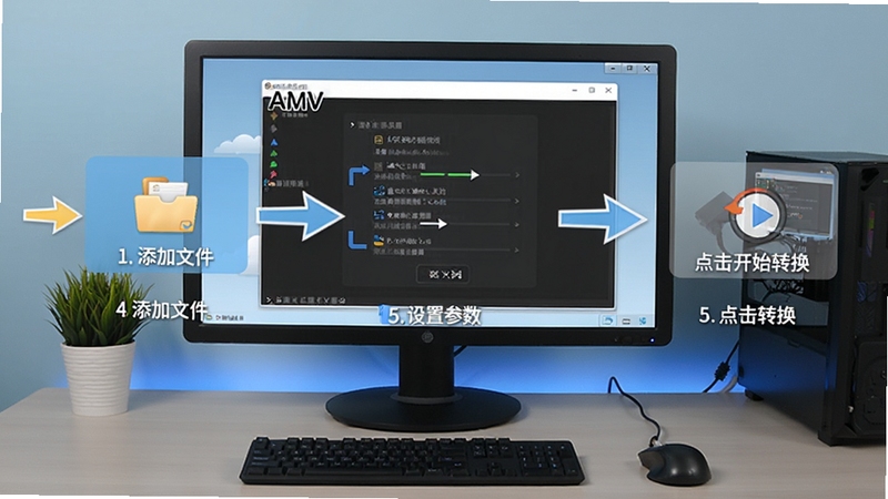 AMV转换精灵使用教程示意图,画面展示电脑屏幕上软件操作步骤,从添加文件到设置参数再到点击开始转换,用数字序号标注流程,背景为整洁的电脑桌面,风格直观易懂