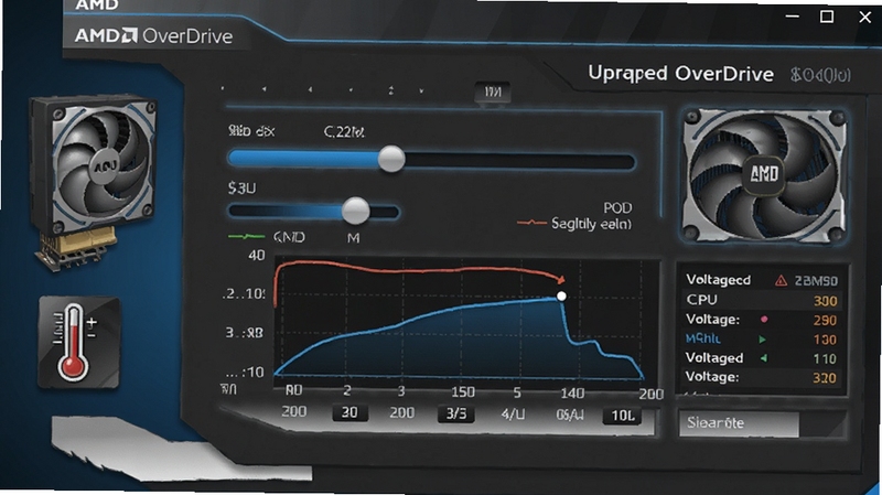 ��Ƶ���� AMD OverDrive ���������ͼ���廭������������Ƶ�ʻ������ѹ����ͼ����Χ������ CPU оƬ��ɢ�ȷ��Ⱥ��¶ȼ�ͼ�꣬����Ϊ����ɫ���䣬������巢��������⣬�Ƽ���ʮ��