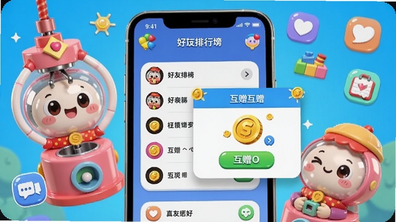 生图提示词:好玩部落社交互动界面展示,手机屏幕上显示好友排行榜和互赠金币的弹窗,周围环绕着可爱的抓娃娃元素和社交图标,整体风格活泼明快,体现应用的社交娱乐属性