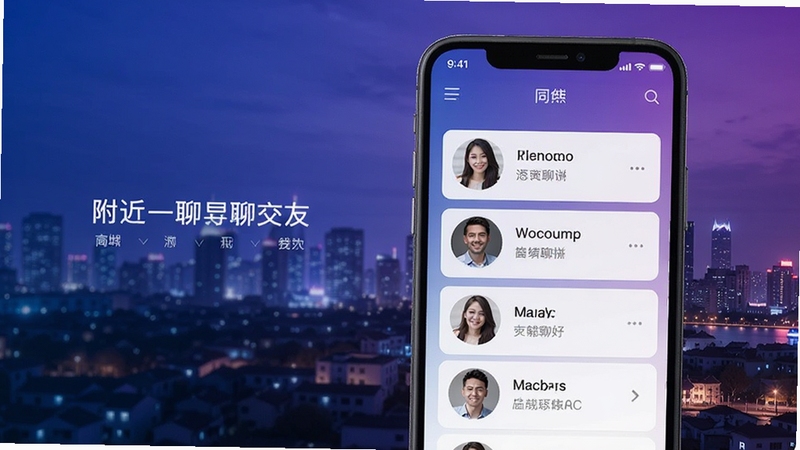 附近一对聊交友 软件主界面 手机屏幕展示 同城用户卡片列表 背景为城市夜景 蓝紫色渐变色调 现代社交APP风格 高清细节