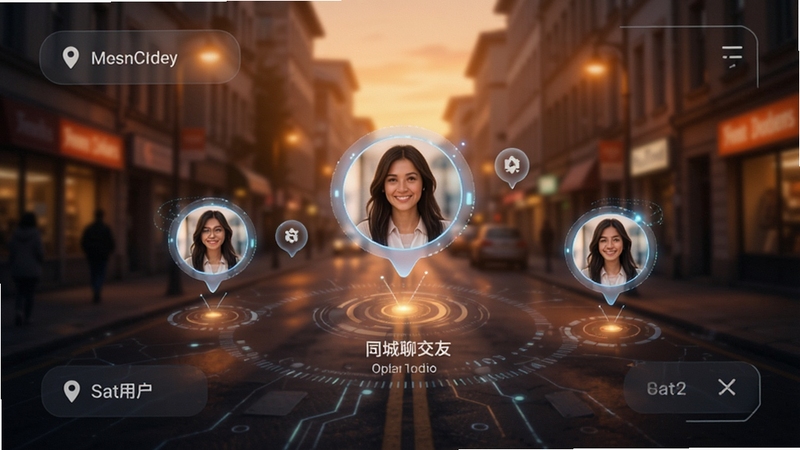 附近一对聊交友 同城地图定位界面 显示附近用户头像气泡 街道背景 暖色光晕 科技感UI设计