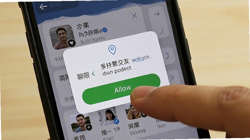 附近一对聊交友 手机权限设置界面 定位权限弹窗 手指点击允许按钮 清晰UI展示