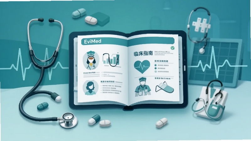 EviMed 软件临床指南页面的概念插图,画面中央是一本打开的电子指南,周围环绕着听诊器、药丸和心电图线条等医疗元素,色彩以蓝绿色调为主,传达出权威、可靠与便捷的视觉感受,适配 Boogu 模型生成。