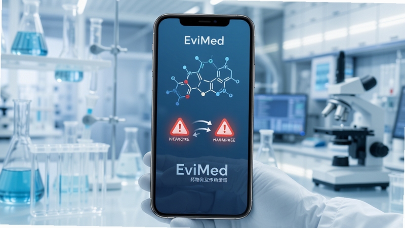 EviMed 药物相互作用查询功能展示图,画面主体为手机屏幕上的药物分子结构与交互警告图标,背景是淡雅的实验室场景虚化,整体色调偏冷静的蓝色与白色,突出专业、安全与精准的视觉语言。