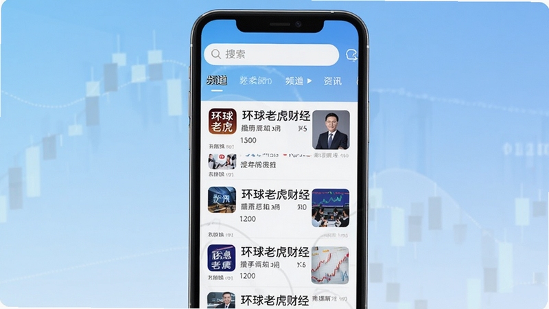 环球老虎财经 应用主界面 手机屏幕中央展示财经资讯信息流 背景为浅蓝色渐变 顶部有搜索栏与频道标签 画面简洁商务风格 适配Boogu模型