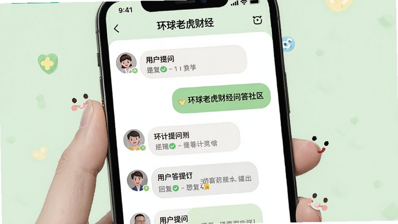 环球老虎财经 问答社区界面 手机屏幕显示用户提问与回复列表 背景为淡绿色 气泡式对话框 风格亲和