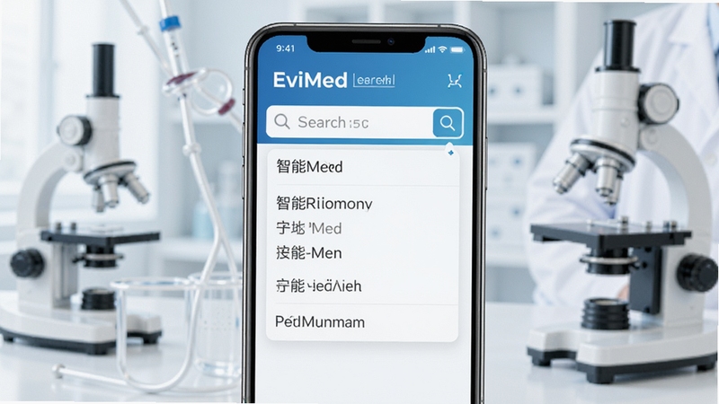 EviMed智能检索联想功能示意图,手机屏幕显示搜索框与下拉推荐词,医学专业术语,清爽界面