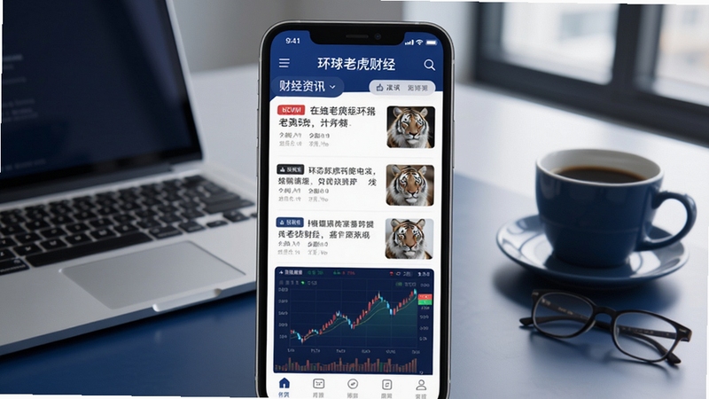 一款名为环球老虎财经的财经资讯app界面全貌展示,画面中央为手机屏幕,屏幕内呈现财经新闻列表与股市行情图表,背景区域为简洁的商务办公桌面,有笔记本电脑和咖啡杯,整体色调为深蓝与白色搭配,风格专业简洁,适合Boogu模型生成
