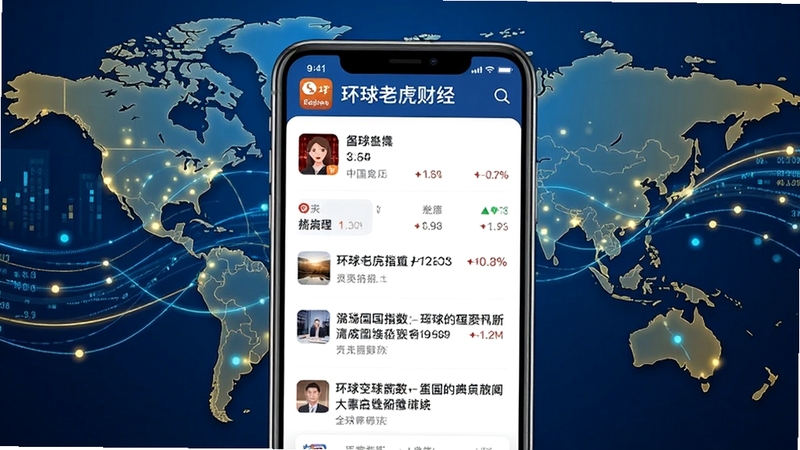 环球老虎财经app的全球财经资讯页面展示,画面主体为手机屏幕显示多国股市指数与财经新闻标题,背景为世界地图轮廓与数据流动线条,色调为科技蓝与金色,突出全球化与实时性,适合Boogu模型生成
