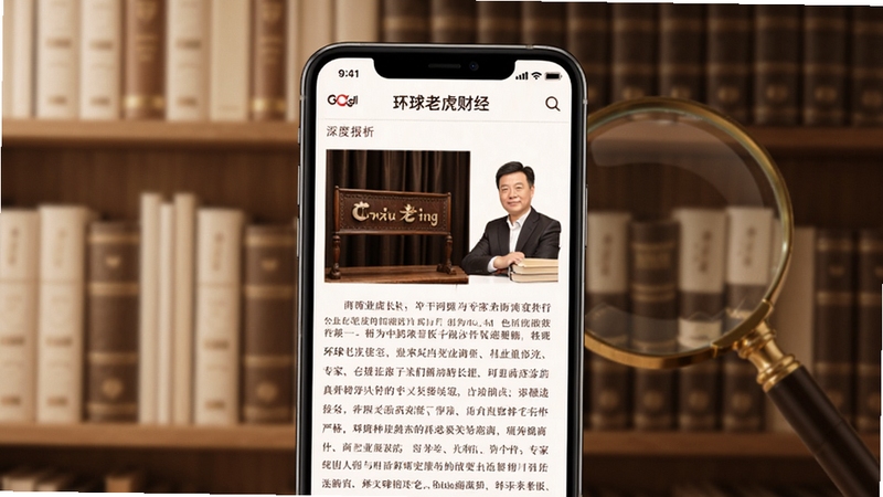 环球老虎财经的深度报道专栏页面,画面中央为手机屏幕展示一篇商业分析长文与专家头像,背景为书架与放大镜元素,色调为暖白与深棕,突出专业深度阅读氛围,适合Boogu模型生成