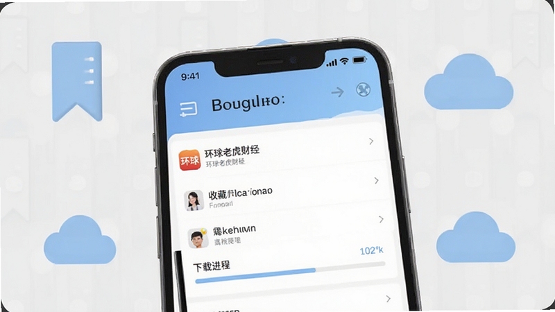 环球老虎财经app的收藏与离线阅读功能界面,画面主体为手机屏幕显示收藏夹列表与下载进度条,背景为简约的书签与云朵图标,色调为浅灰与淡蓝,突出便捷与实用,适合Boogu模型生成