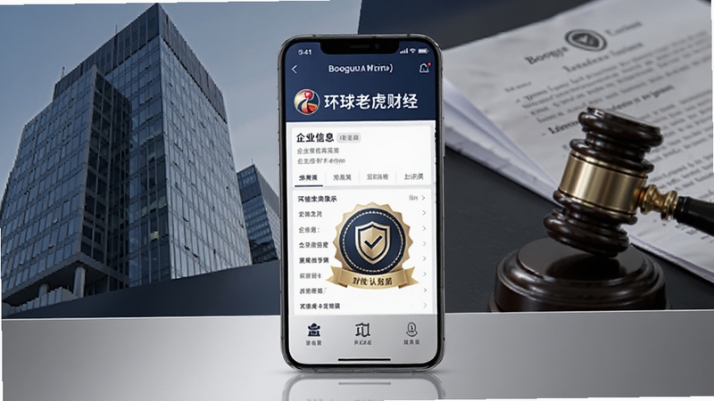 环球老虎财经品牌标识与正规资质展示概念图,画面中央为手机屏幕显示企业信息页面与认证徽章,背景为写字楼与法律文书元素,色调为稳重深蓝与银灰,突出正规与可信赖,适合Boogu模型生成