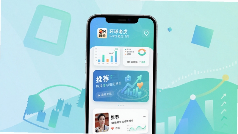 环球老虎财经app的个性化订阅界面,画面主体为手机屏幕显示多个财经频道标签与推荐卡片,背景为柔和渐变色彩与几何图形,色调为清新蓝绿,突出个性化与智能化,适合Boogu模型生成