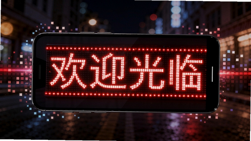 画面中央一部安卓手机横向放置,屏幕显示明亮的红色LED滚动字幕文字“欢迎光临”,背景为深色夜间街道虚化光斑,手机周围环绕发光像素点与数字光晕,整体风格科技感十足,突出LED字幕核心全貌
