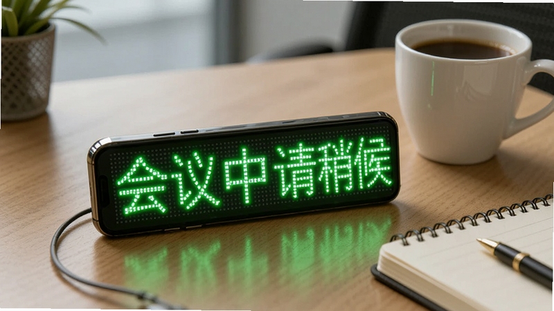 一部手机横屏显示绿色LED滚动字幕“会议中请稍候”,放置在木质桌面上,旁边有一杯咖啡和笔记本,画面呈现日常办公场景,突出LED字幕实际使用效果