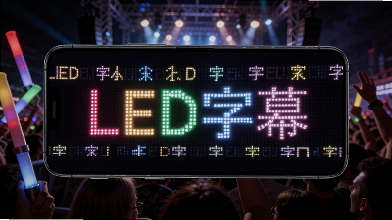 一部安卓手机横屏显示LED字幕滚动文字,背景是夜晚演唱会现场,画面中央为手机屏幕特写,屏幕显示彩色发光文字“LED字幕”,周围有荧光棒和欢呼人群,整体风格为写实科技感,高对比度,适配Boogu模型生成