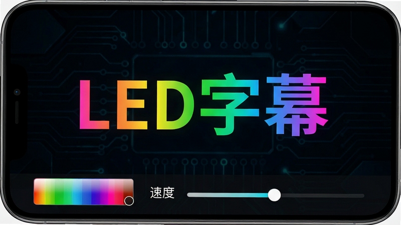 一张手机屏幕截图,展示LED字幕应用内的颜色选择界面,屏幕中央是彩色渐变文字“LED字幕”,底部有颜色选择器和速度调节滑块,背景为深色科技风格,界面简洁现代,适配Boogu模型生成