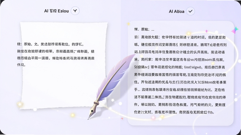 画面展示AI写作助理的润色对比界面,左侧为简短的原始文字,右侧为优化后的丰富段落,背景为淡紫色区域,配有羽毛笔与光效元素,风格柔和专业
