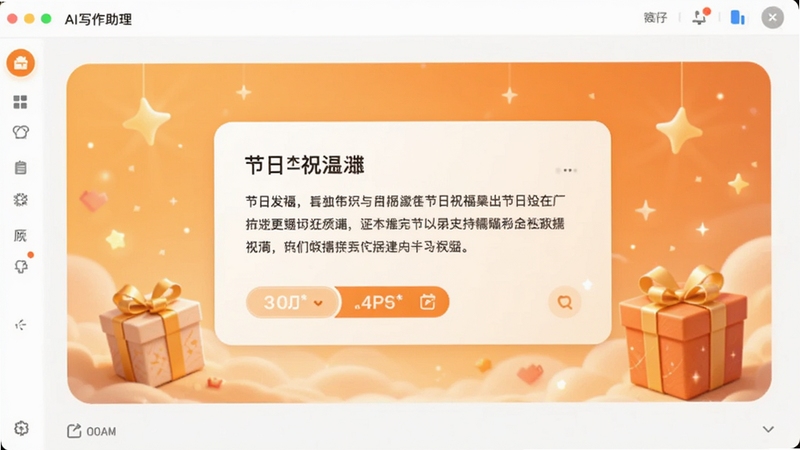 AI写作助理软件界面截图风格,画面中央显示AI写作助理生成的节日祝福文案卡片,背景为暖橙色渐变区域,点缀星光与礼盒元素,整体温馨明亮