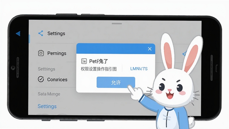 拜托了!兔子 权限设置操作指引图,画面展示一部安卓手机屏幕,屏幕上弹出权限管理窗口,一只卡通兔子用手指着“允许”按钮,背景为浅灰色设置菜单界面,风格为科技感扁平插画,色彩以蓝白灰为主,画面清晰直观