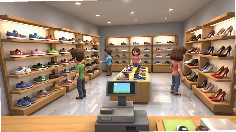 鞋店模拟器3D安装器的3D店铺内部场景,视角从收银台方向看向货架区,货架上整齐摆放运动鞋、休闲鞋、高跟鞋等不同品类,几位虚拟顾客正在挑选鞋子,灯光柔和明亮,地面反射轻微倒影,画面风格写实偏卡通,适合Boogu模型生成