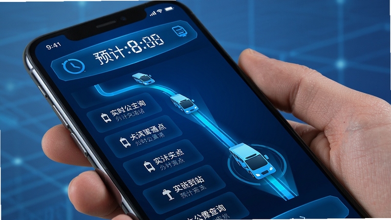公交线路通 实时公交查询功能界面 手机屏幕显示公交车图标沿线路移动 预计到站时间倒计时 蓝色科技感UI风格 清晰展示站点列表与车辆位置