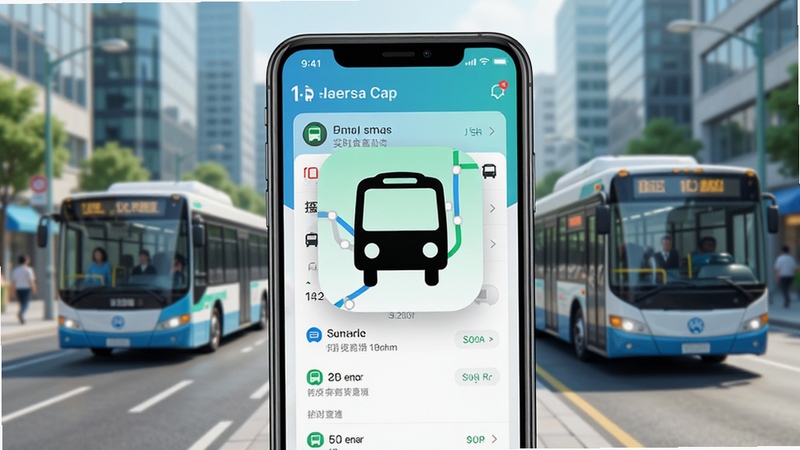公交线路通 手机应用界面展示 现代城市公交出行场景 主屏幕中央显示公交线路通APP图标与实时公交查询界面 背景为城市街道与公交车 明亮清新风格 高清细节