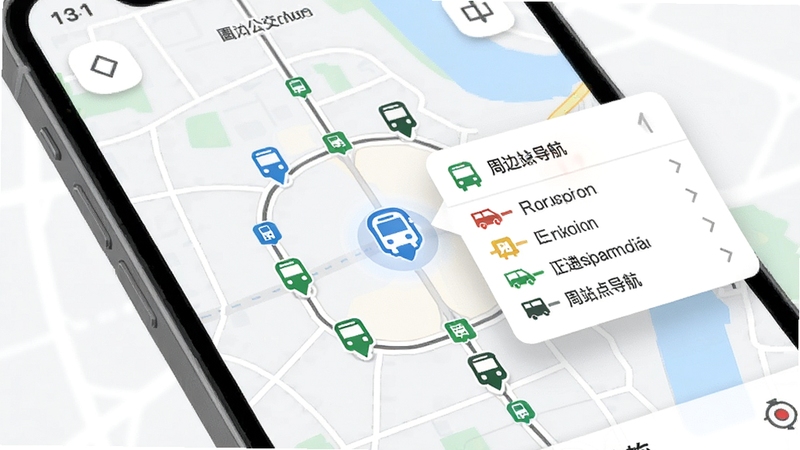 公交线路通 周边站点导航界面 手机地图上标注多个公交站点图标 定位光标位于中心 站点信息卡片弹出 显示线路列表 简洁地图风格