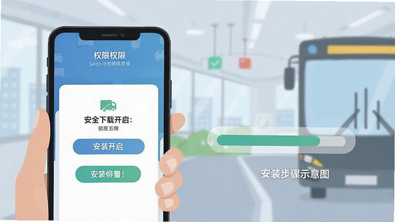 公交线路通 安装步骤示意图 手机屏幕显示权限开启界面与安装进度条 简洁扁平化风格 突出安全下载与安装提示