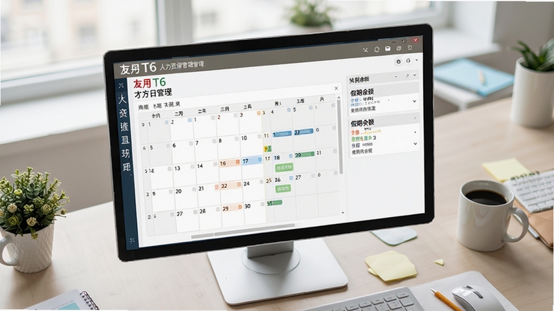 用友T6人力资源管理软件 考勤日历 排班视图 假期余额卡片 清爽界面 办公桌俯拍