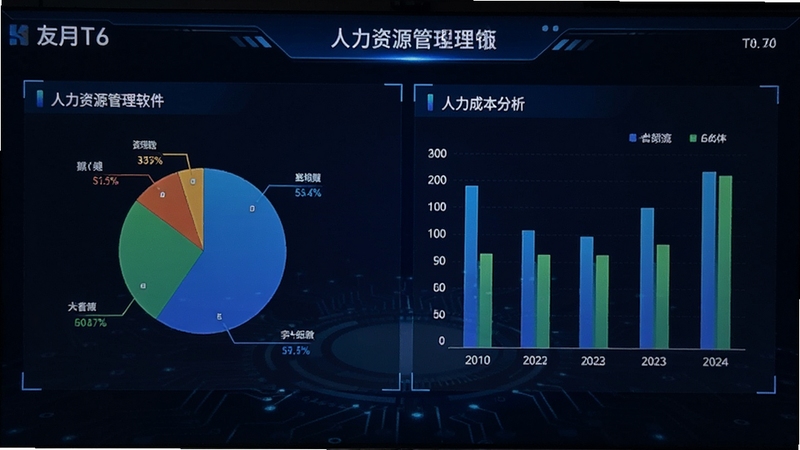 用友T6人力资源管理软件 数据看板 饼图柱状图 人力成本分析 深色科技感 大屏展示