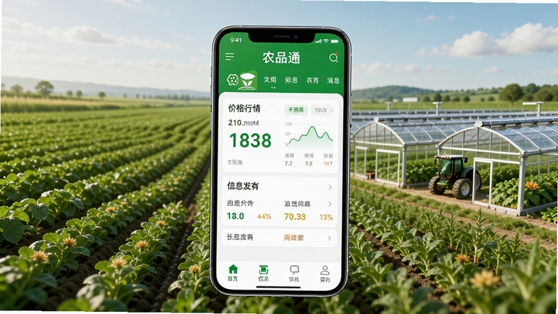 农品通 农产品信息服务平台 手机应用界面展示 主色调绿色 背景为农田与现代化农业基地 画面中央为手机屏幕显示农品通APP首页 包含价格行情和信息发布模块 整体风格清新专业 高清渲染