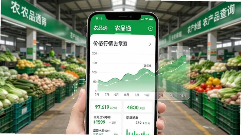 农品通 价格行情查询界面 手机屏幕显示蔬菜水果价格走势图 背景为农产品批发市场 画面明亮 数据图表清晰 绿色与白色为主色调 现代科技感