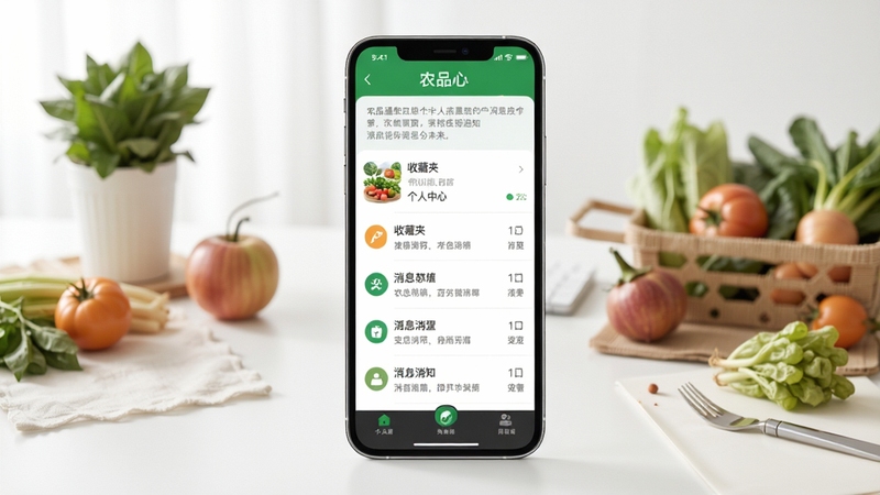 农品通 个人中心与消息通知界面 手机屏幕展示收藏夹和消息列表 背景为整洁的办公桌面与农产品样品 画面简洁 功能分区明确