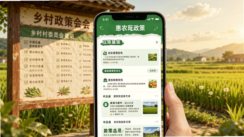 农品通 惠农政策资讯页面 手机屏幕显示政策列表与解读文章 背景为乡村村委会公告栏与田野 画面温暖 信息丰富 绿色主题