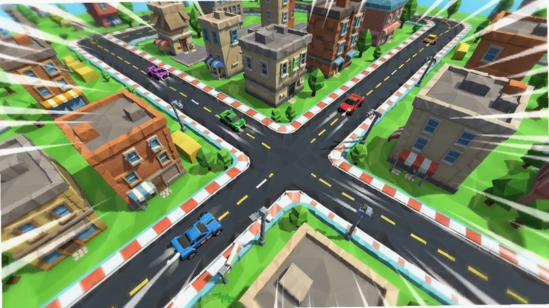 Pocket Cars游戏内城市赛道俯瞰图,低多边形风格的公路穿梭在卡通建筑之间,赛道上有几辆正在竞速的赛车,画面色彩鲜艳,带有速度感线条