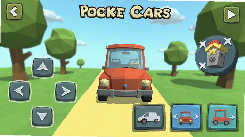 Pocket Cars游戏设置界面截图风格插画,展示虚拟按键、重力感应图标与三种视角切换按钮,画面为低多边形卡通风格,背景简洁