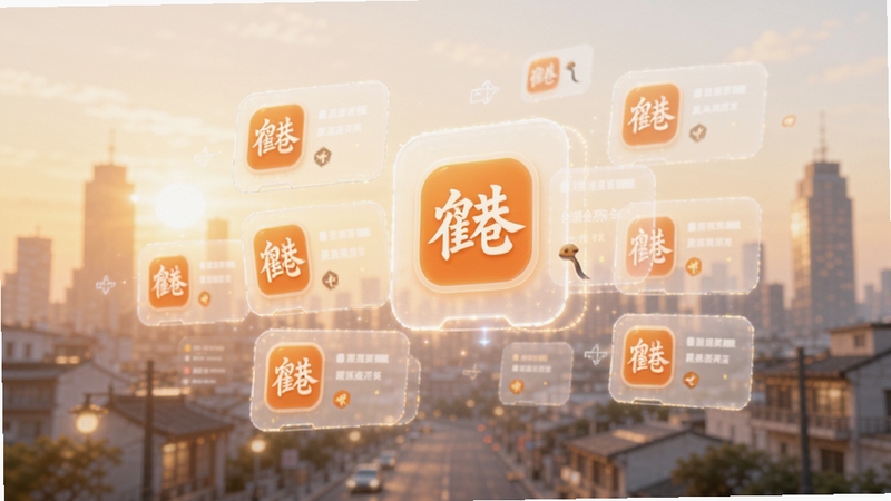 鹤鸣巷本地资讯聚合功能展示图,画面主体为悬浮在空中的虚拟信息卡片流,卡片上带有鹤鸣巷标志性的暖橙色圆角图标,背景为柔和的晨光城市剪影,整体氛围温暖明亮,适配Boogu模型生成