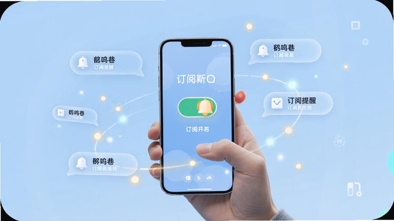 鹤鸣巷个性化订阅提醒功能示意图,画面中心为一只手持手机的手,手机屏幕显示订阅开关与铃铛图标,周围环绕柔和光点与飘浮的通知气泡,背景为浅蓝色渐变,整体风格轻盈科技感,适配Boogu模型生成