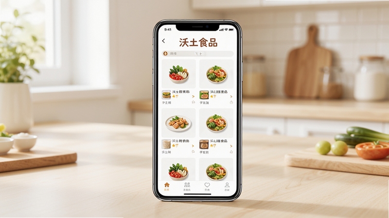 沃土食品手机应用界面展示,画面中央是手机屏幕,屏幕内显示沃土食品的商品列表页面,背景为浅色厨房台面,光线明亮柔和,整体风格清新简洁,突出沃土食品字样