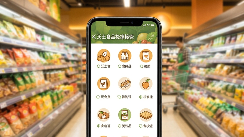 沃土食品商品分类检索功能展示,画面主体为手机屏幕特写,屏幕内呈现清晰的食品分类图标与列表,背景是模糊的超市货架,色彩温暖明亮,体现沃土食品的便捷检索体验
