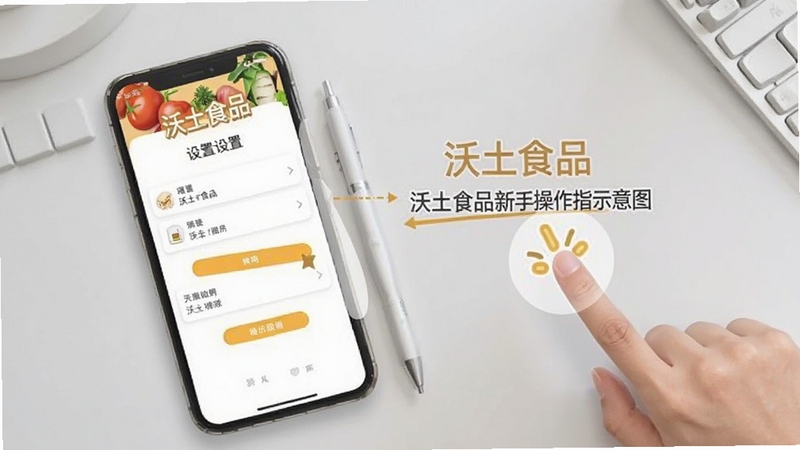 沃土食品新手操作指引示意图,画面为手机屏幕显示沃土食品设置页面,旁边有手指点击的示意动作,背景为浅灰色桌面,风格简洁明快,突出沃土食品的易用性